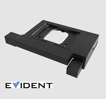 H100A compact motorized microscope stage compatible with Evident microscopes.