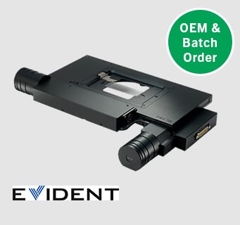 H101A stepper motor XY stage for upright microscopes with Evident logo and OEM/batch order flash.