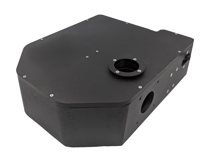 Three quarters view of the Prior motorized filter cube turret for multi-colour fluorescence imaging.