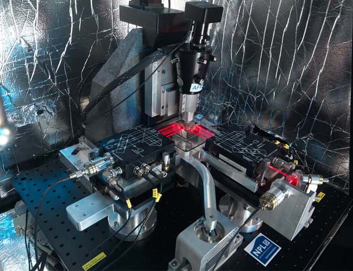 A Queensgate nanopositioning stage is deployed in tandem with NPL interferometers and the NPL metrological AFM. Image courtesy of NPL.