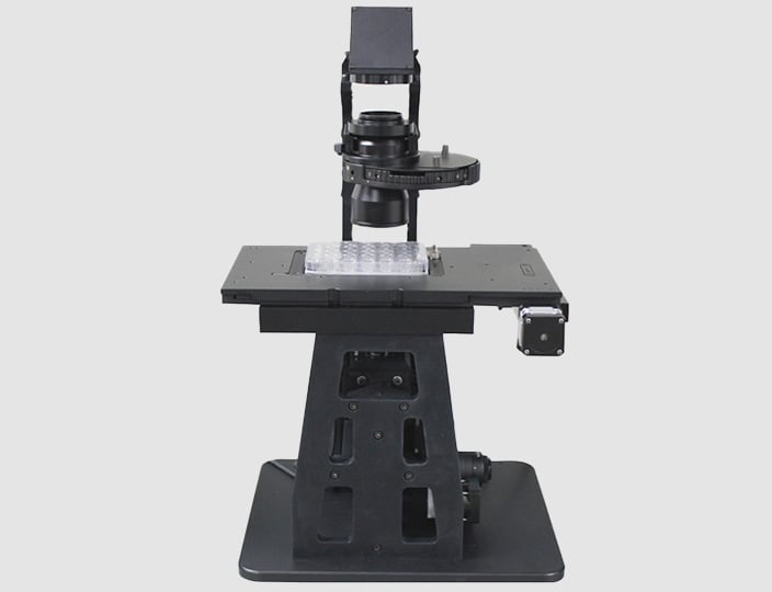 A customized inverted microscope system with XYZ automated precision positioning and an integrated six position filter wheel.