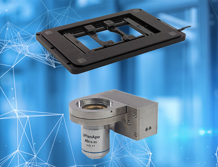 A Queensgate piezo objective positioner and piezo sample positioner against a textured blue background.