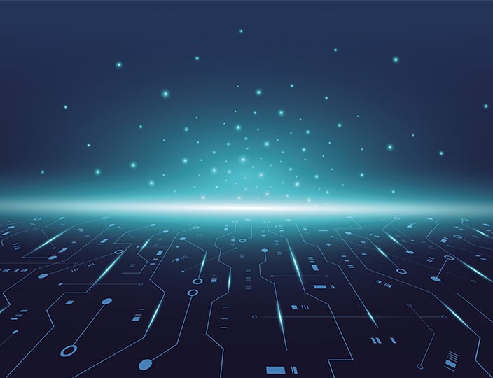 A dark blue background with stylised electronic circuit tracks vanishing towards a horizon.