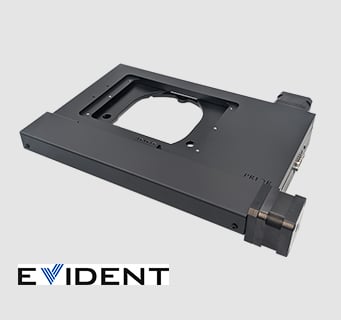 OptiScan ES111 stepper motor XY stage with Evident logo on a grey background.