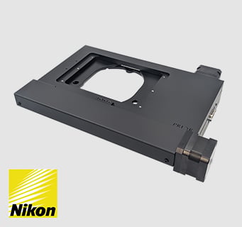 OptiScan ES111 stepper motor XY stage for upright microscopes with Nikon logo.